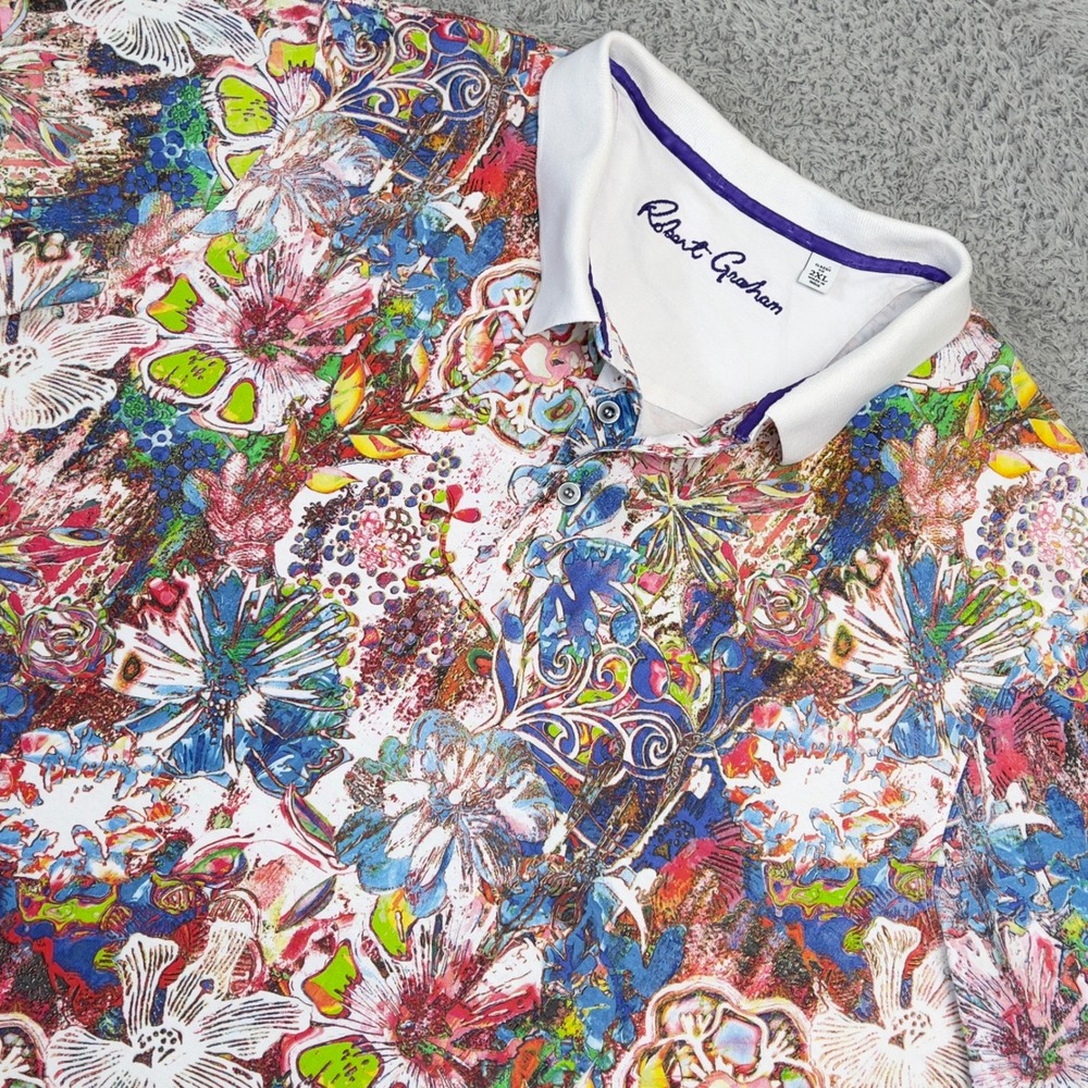 Robert Graham Polo Shirt Mens 2XL Short Sleeve Abstract Watercolor Floral Cotton